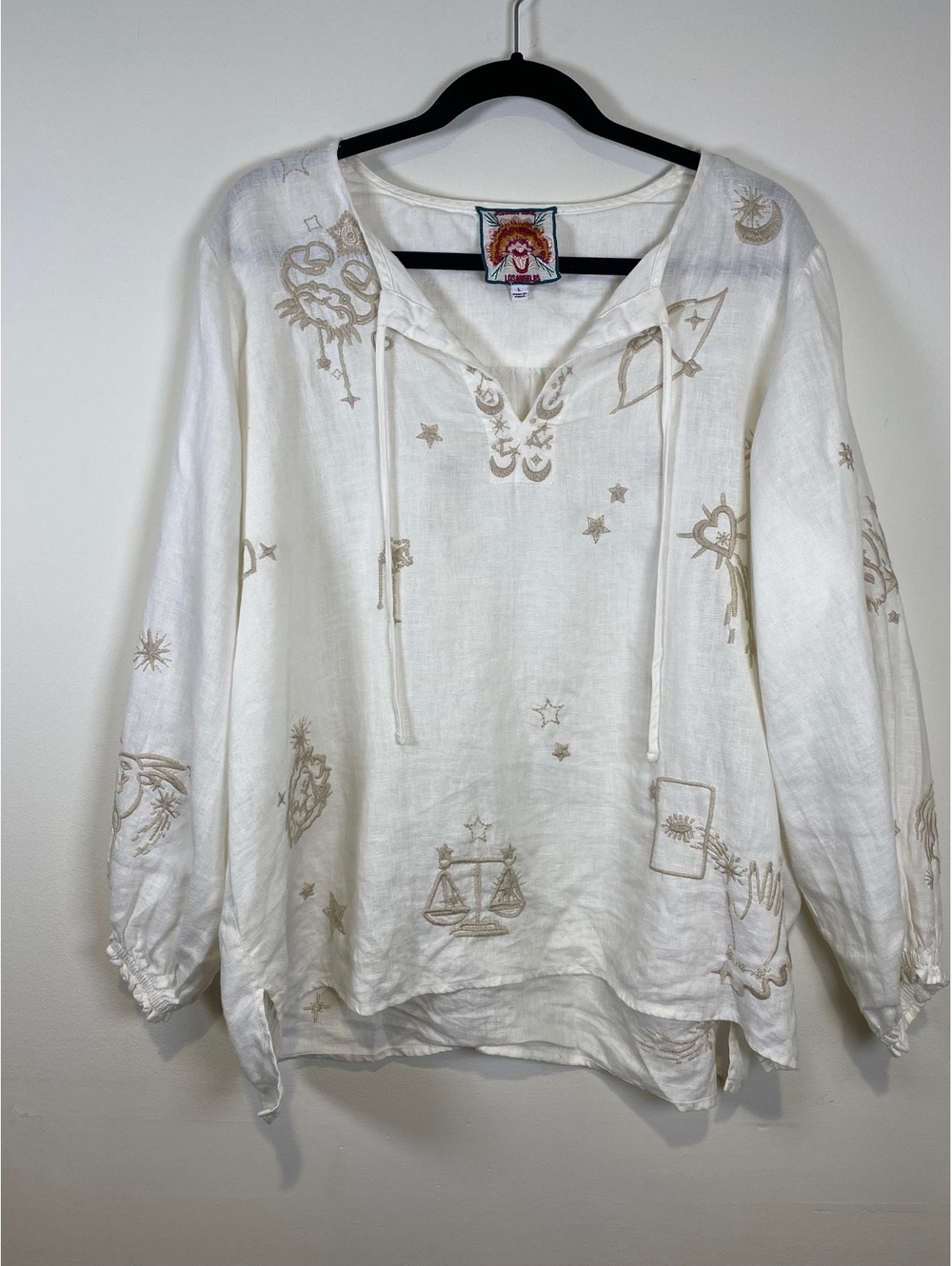 Johnny Was White Linen Embroidered Blouse Size L